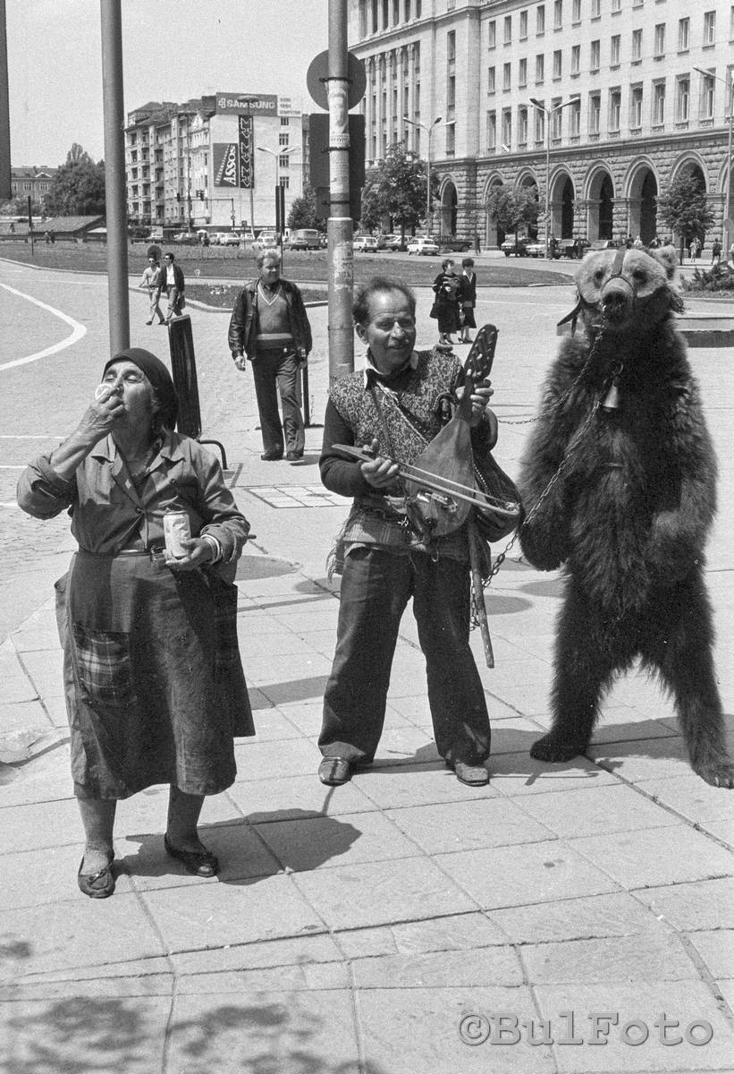 Мечкарско семейство пред Министерски съвет, 1992 година. Последните живи танцуващи мечки са прибрани в парка Белица. | Фотограф: Евгени Димитров
